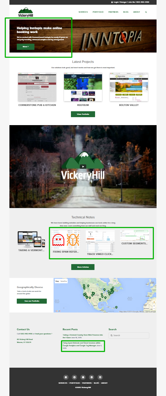 Vickeryhill.com home page with "analytics" related content.