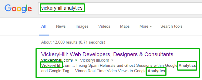 Google organic search results for our business name "VickeryHill" and "analytics".